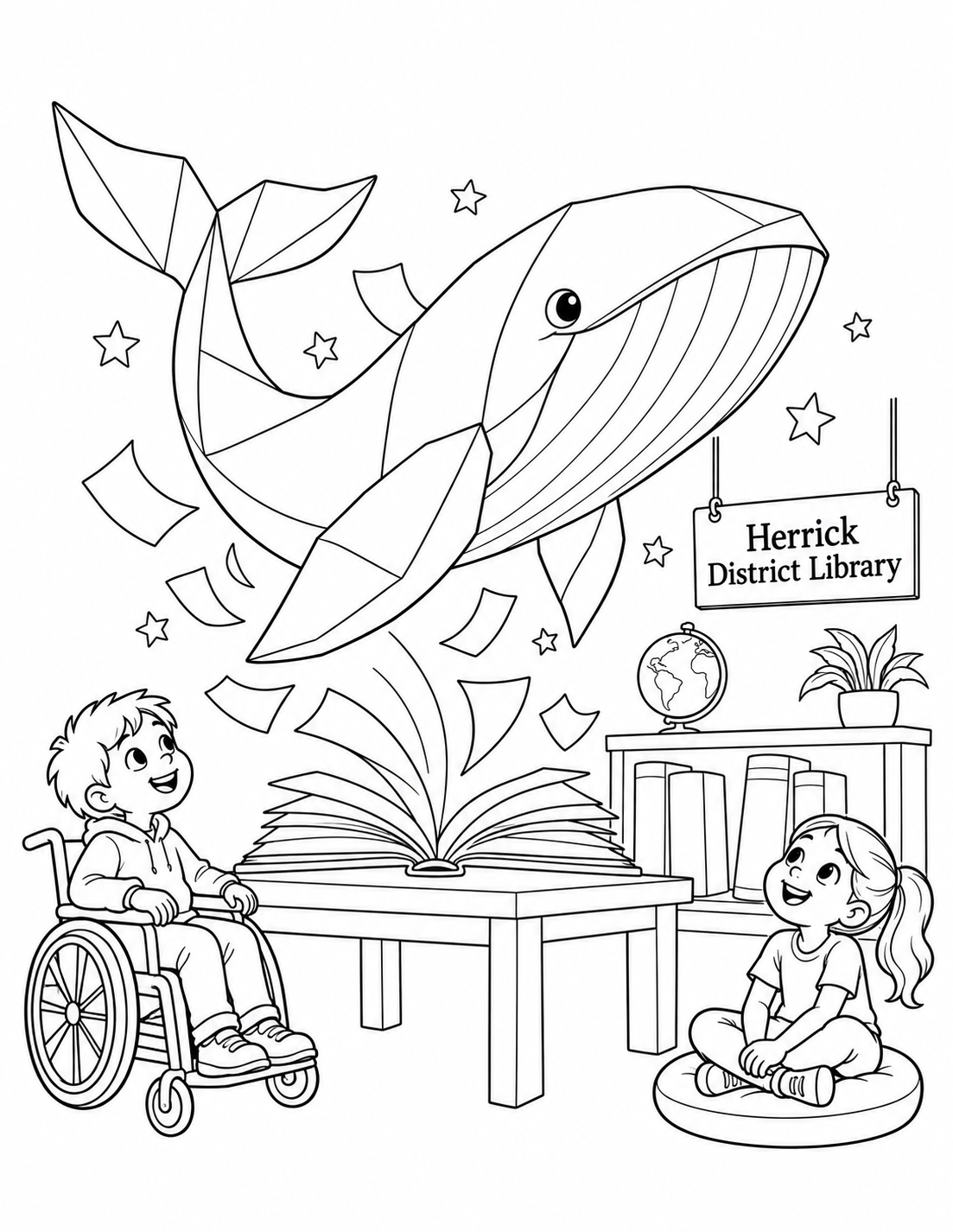 A paper whale rises from a storybook as two children watch in wonder.