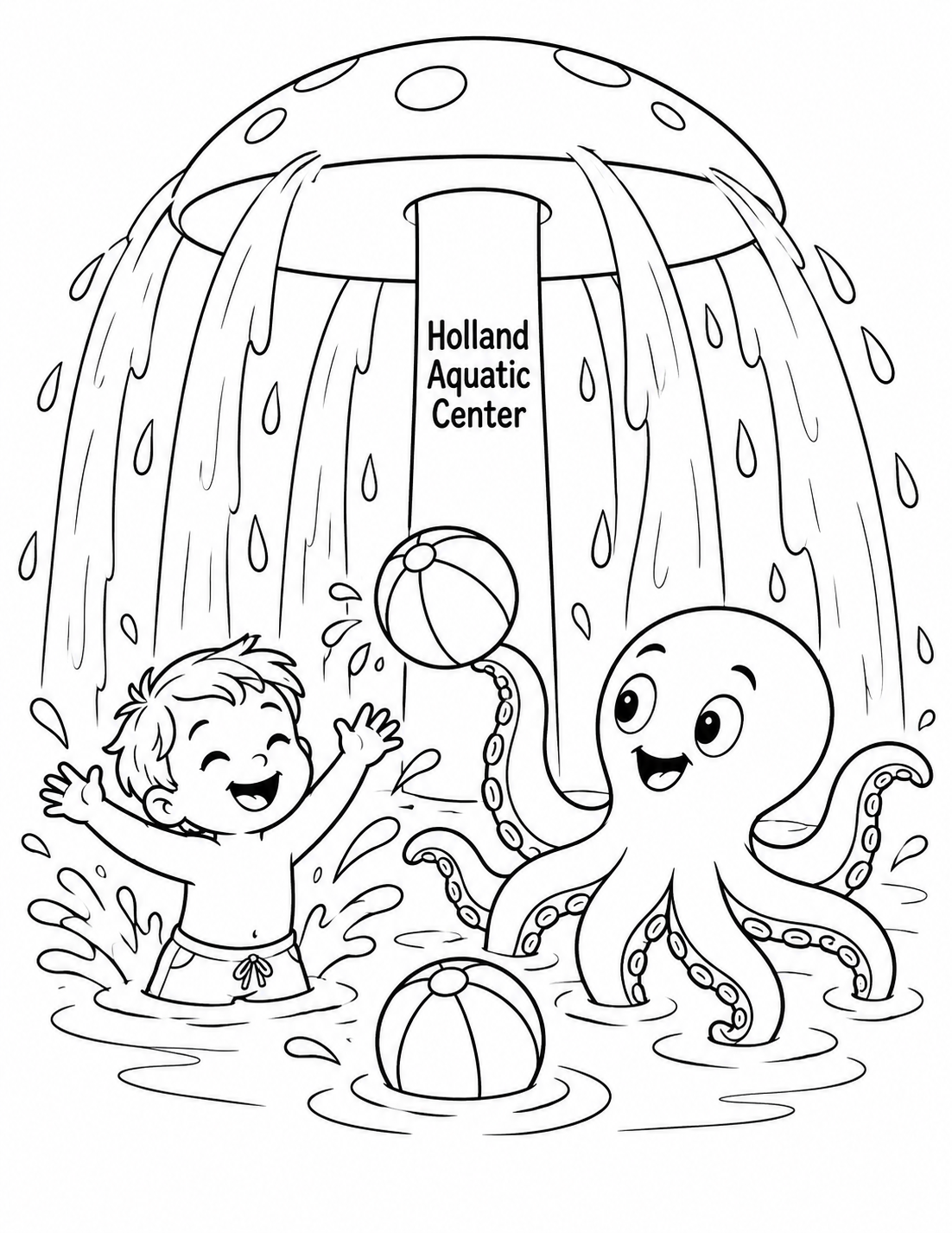 A child and octopus play beneath a mushroom sprayer.