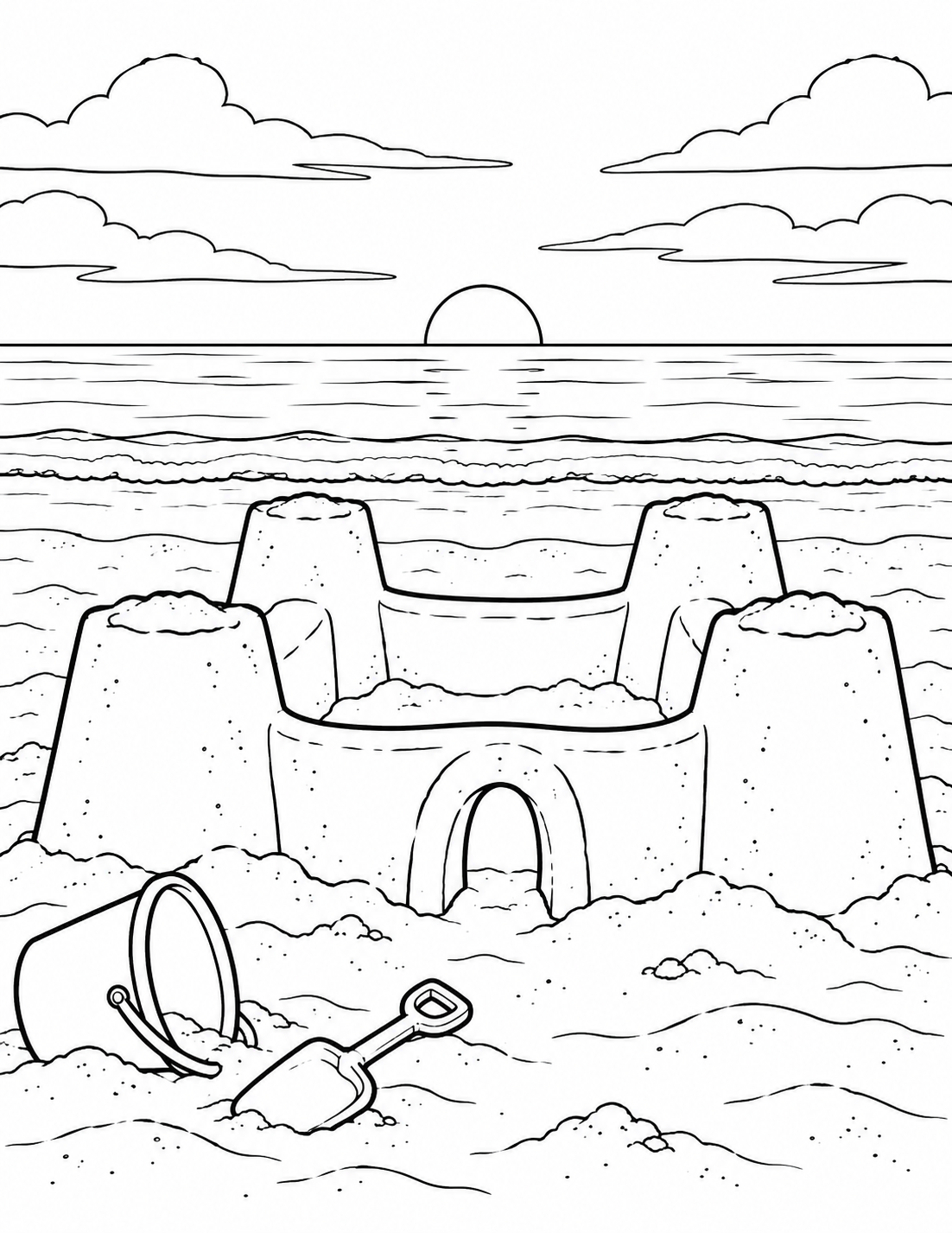 A sandcastle with four towers stands beside a bucket and shovel on the beach.