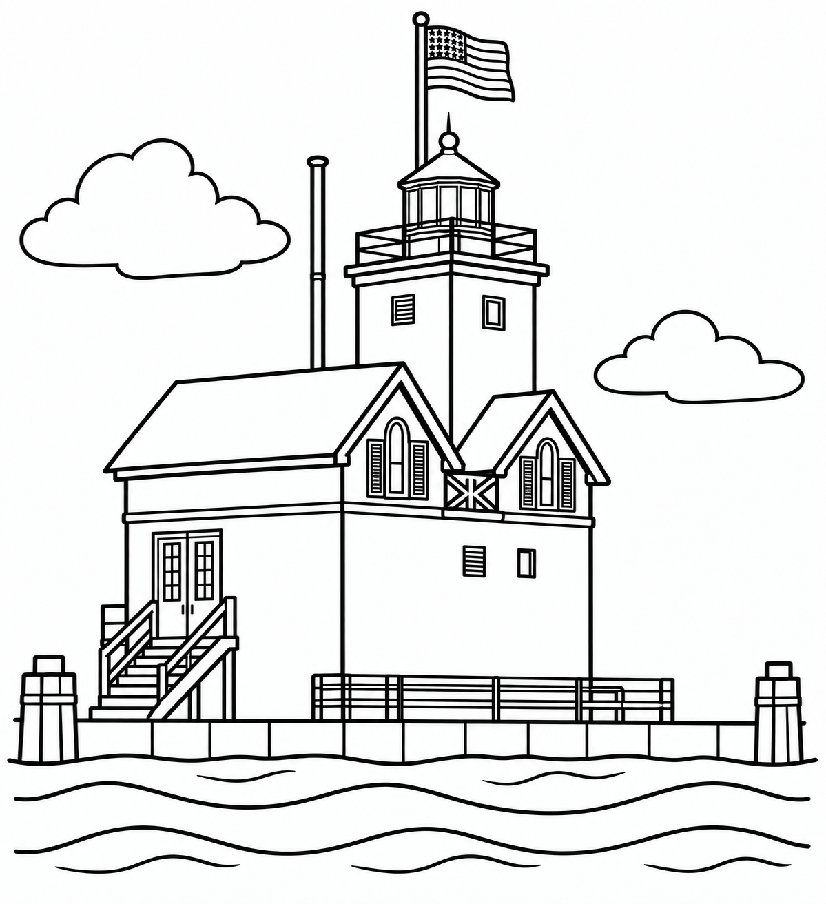 Holland’s Big Red lighthouse rises above the pier and gentle waves.
