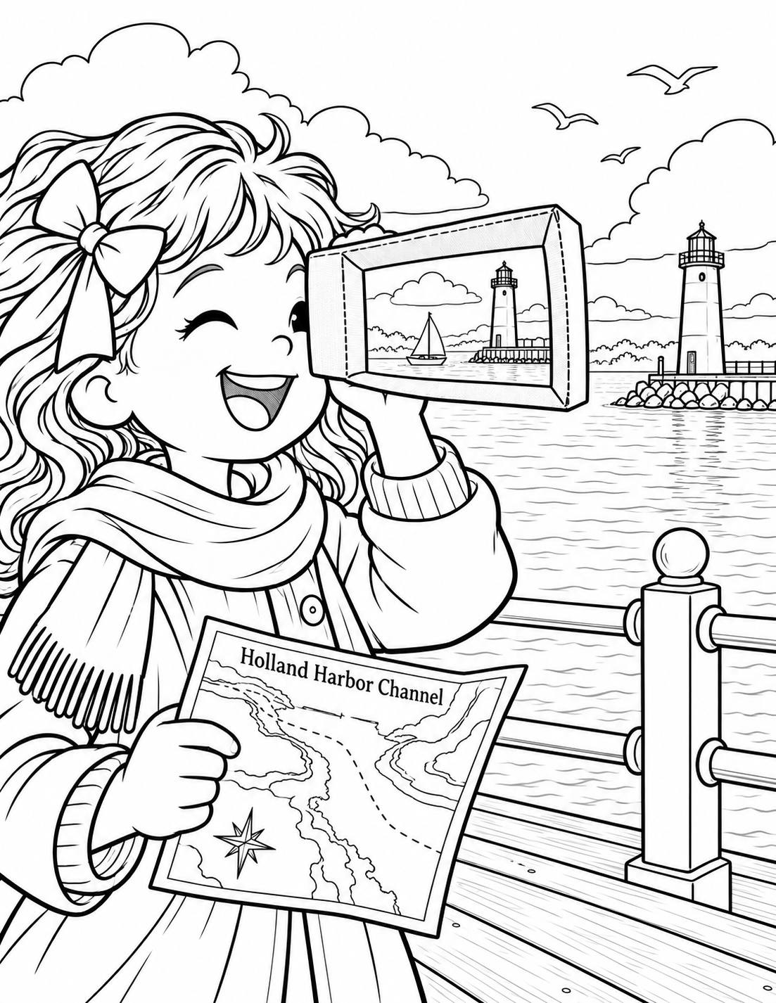 From a public pier, a child lines up a simple cardboard viewfinder with Big Red and spots a small sailboat passing through the channel.