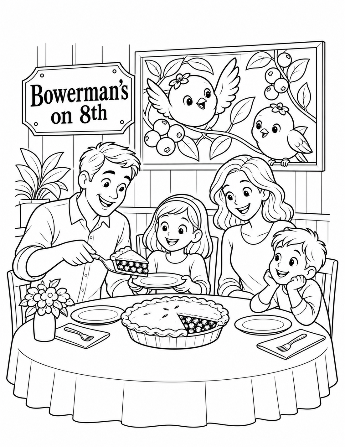A family shares blueberry pie while cheerful berry birds perch in a picture behind them at Bowerman’s on 8th.