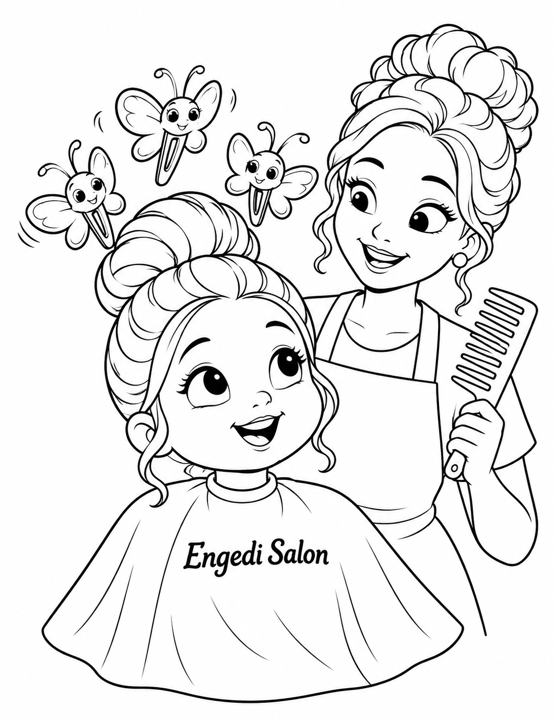 Three butterfly clips flutter around a child's new bun at Engedi Salon.