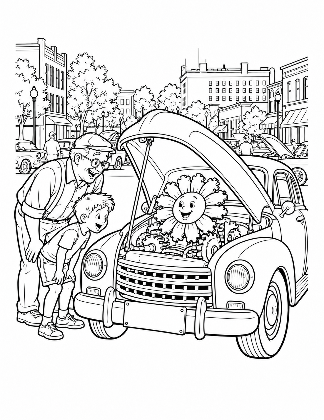 A grandparent and child discover a smiling giant sunflower growing from the engine bay of a vintage car at a community car show.