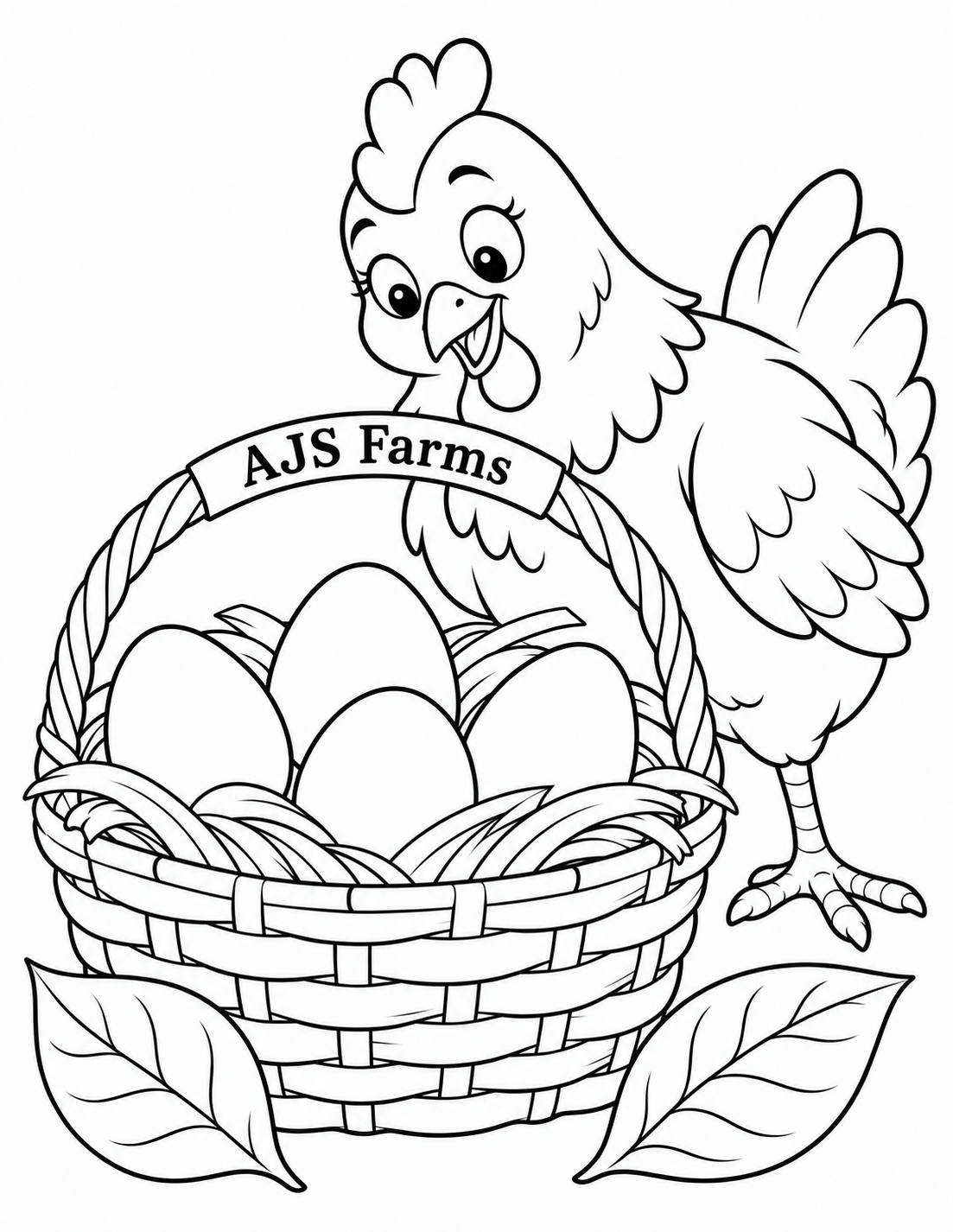 A cheerful hen looks over four eggs nestled in a woven AJS Farms basket.