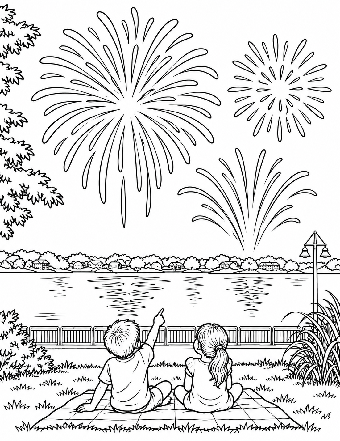 Two children watch three large fireworks above a lake from a waterfront lawn.