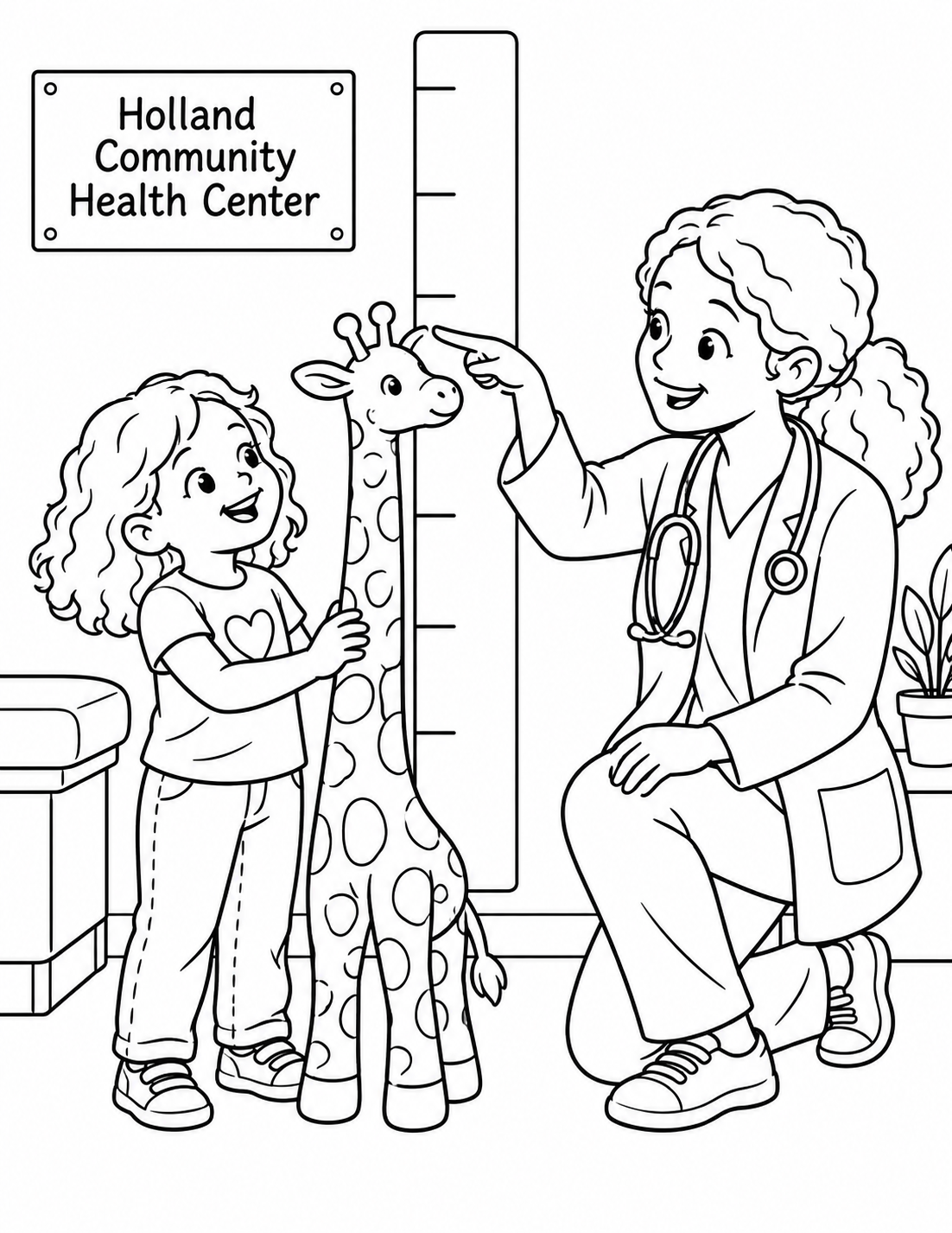 During an imagined well-child visit at Holland Community Health Center, a child playfully lines a stuffed giraffe up at a plain height chart while a clinician smiles.