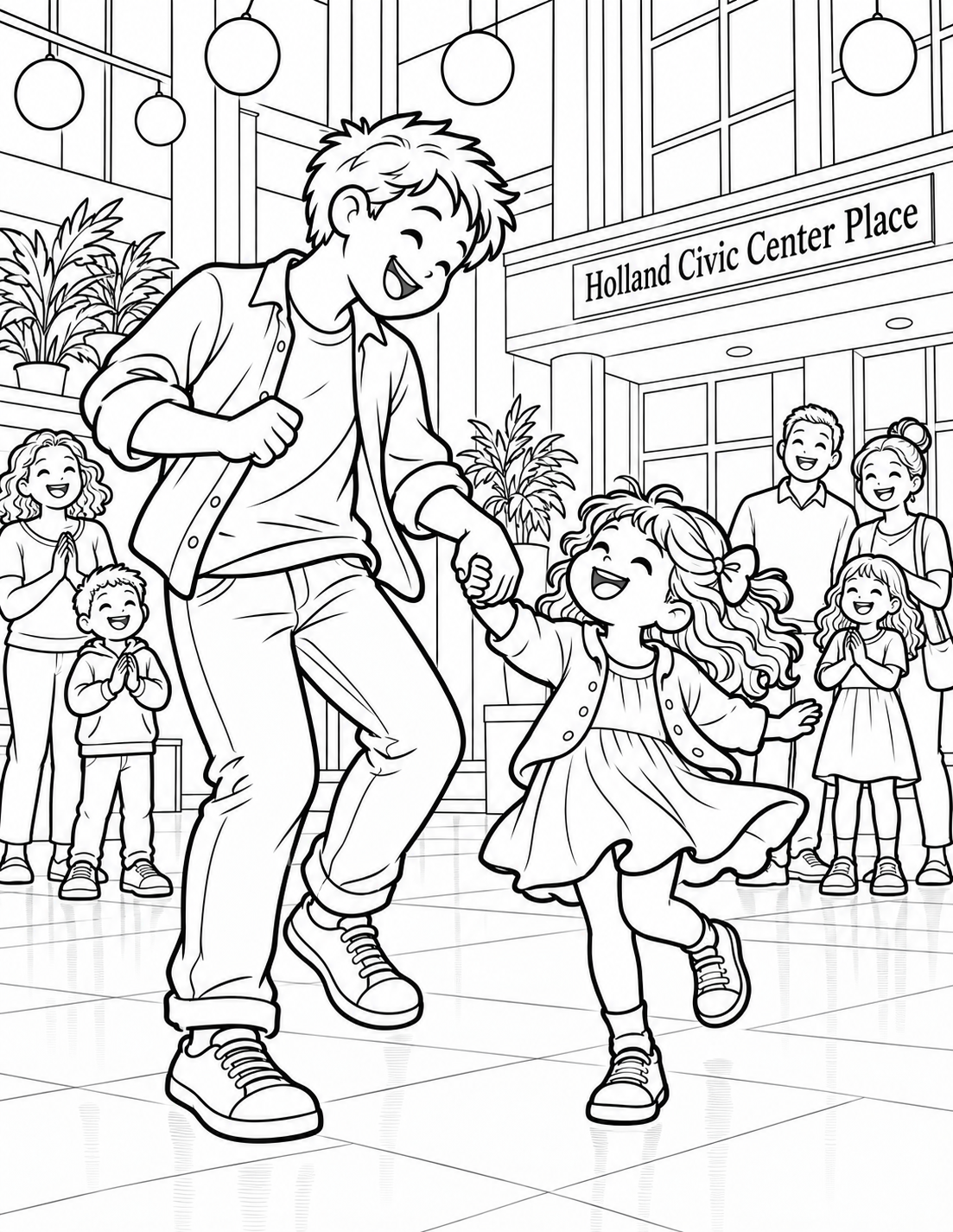 At an imagined International Festival, a parent and child share an informal dance step on the open Civic Center floor, laughing together beside a few other families.