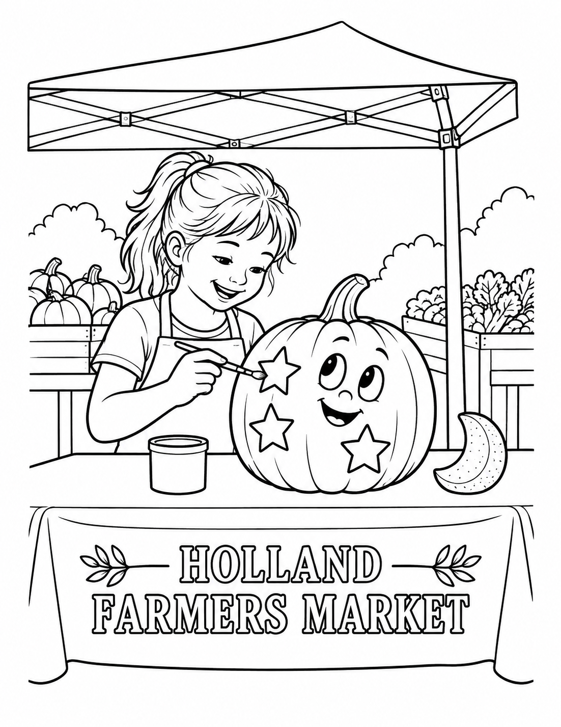 An artist paints stars on a smiling pumpkin at Holland Farmers Market.