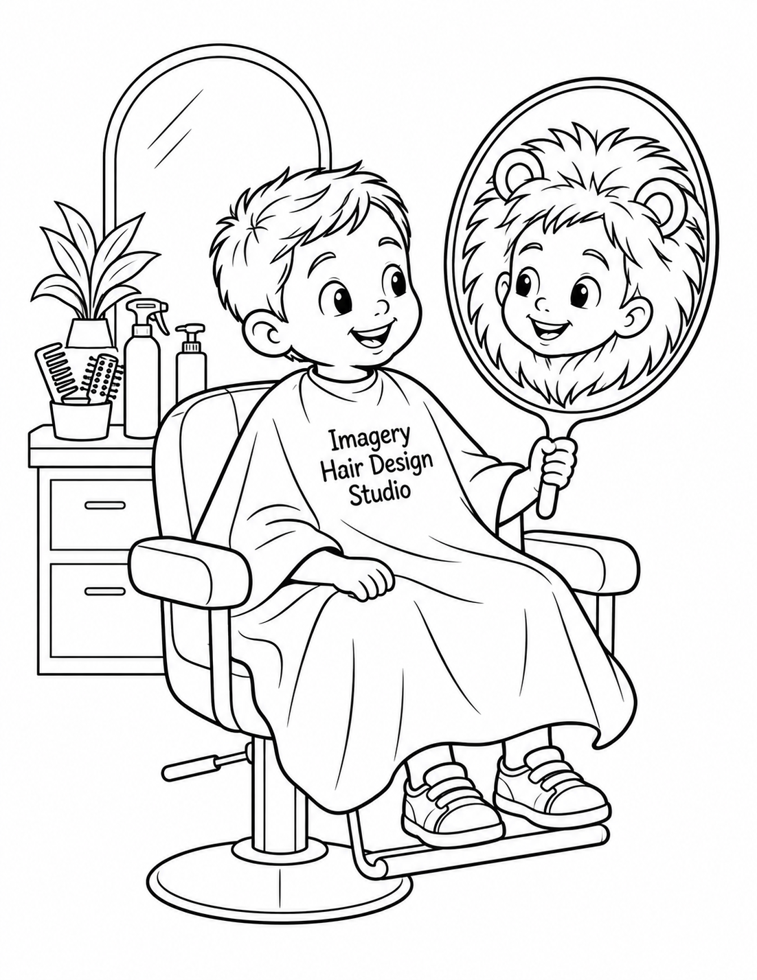 A child sees a playful lion mane in a hand mirror after a haircut at Imagery Hair Design Studio.