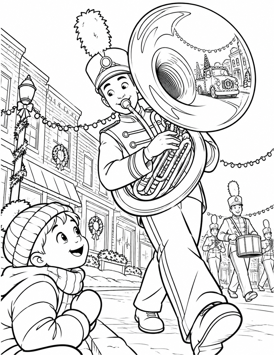 A child at the Parade of Lights discovers a miniature view of the light-trimmed procession reflected in a marching-band tuba bell.