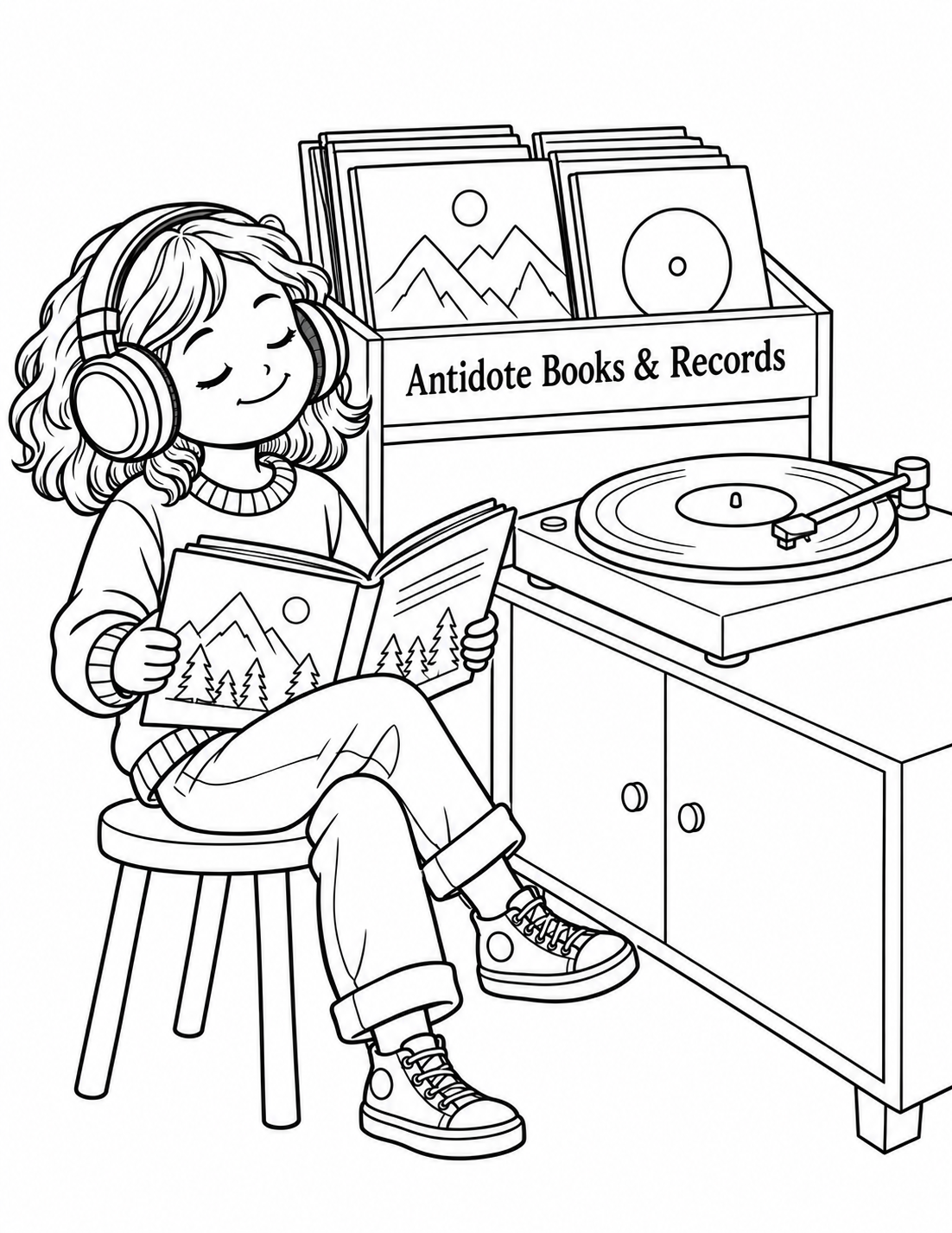A child reads with headphones beside a simple Antidote Books & Records bin and working turntable.