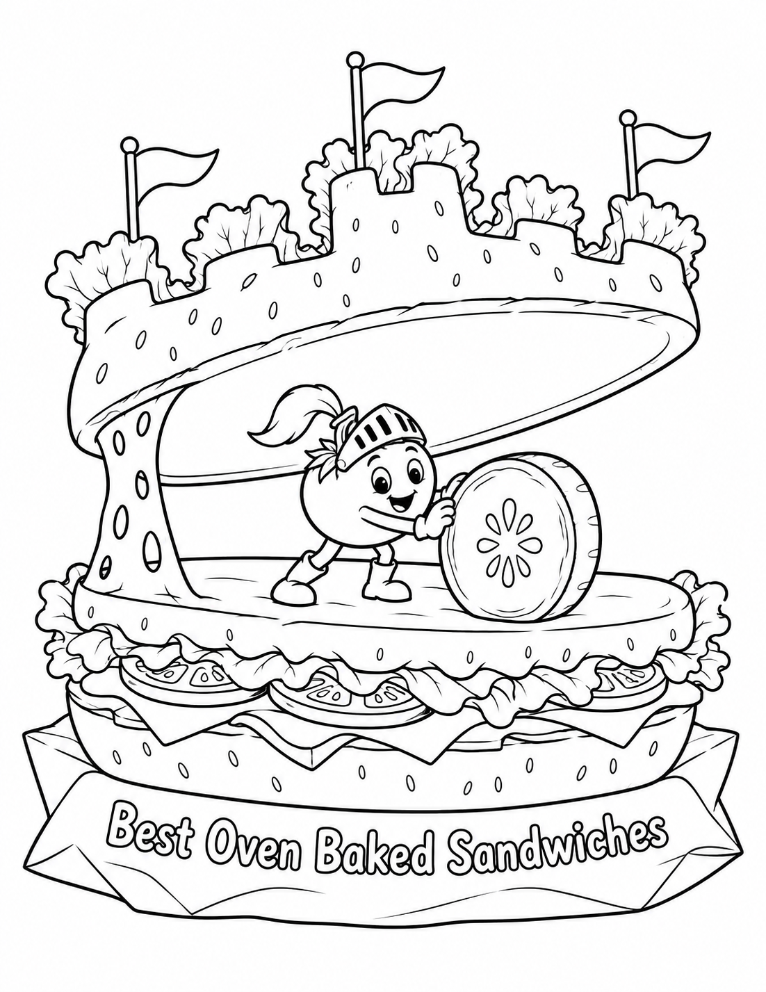A tiny tomato knight rolls a cucumber wheel beneath a raised sandwich-castle roof.