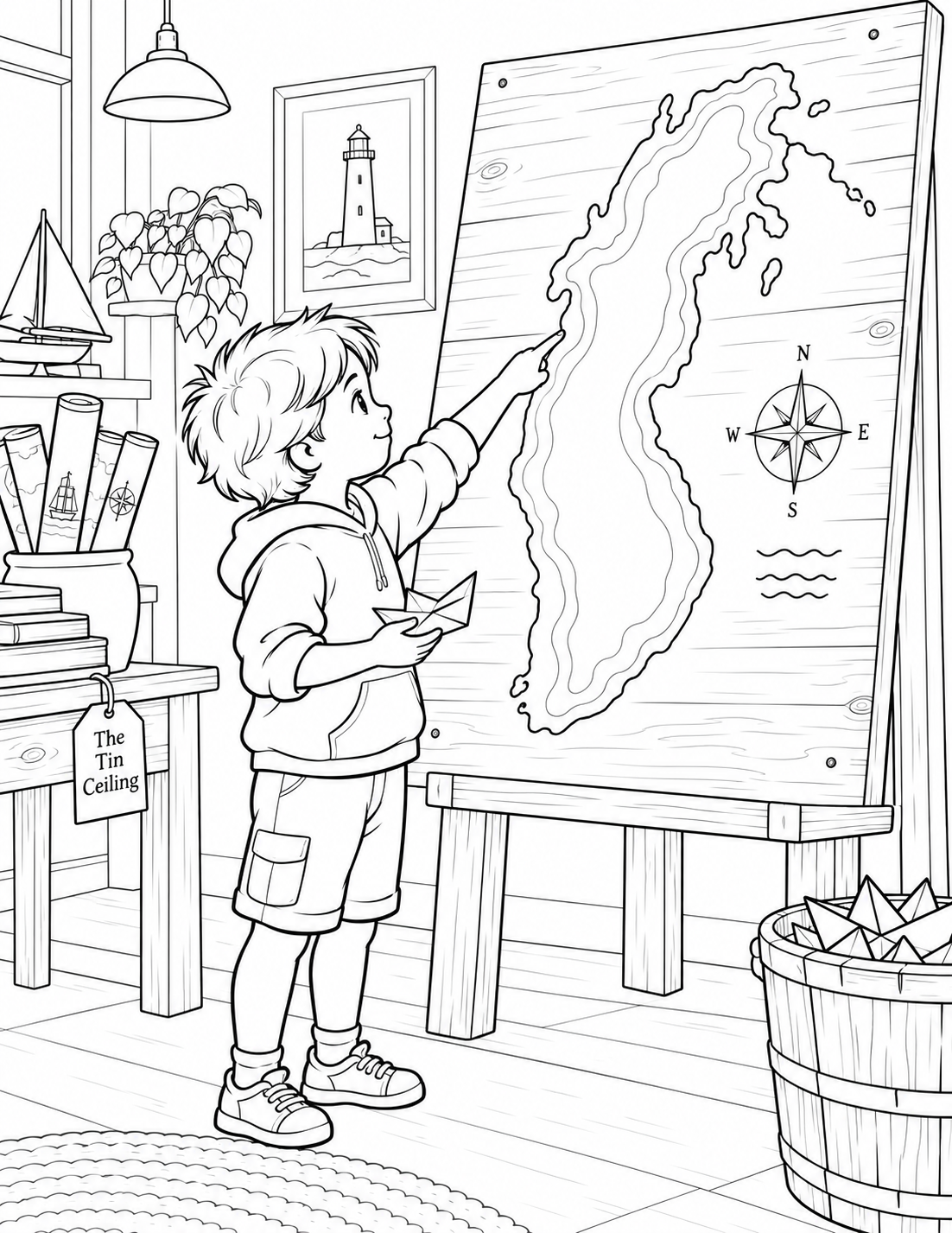 In the Tin Ceiling shop, a child traces Lake Michigan on a large wooden nautical chart while holding a little paper boat.
