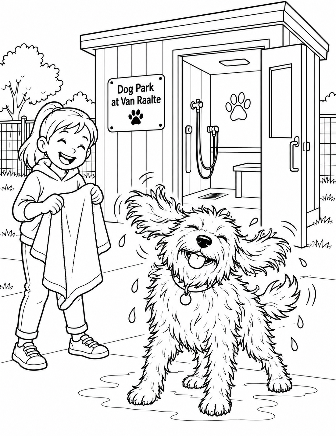 Beside the park's enclosed heated dog-wash station, one shaggy dog shakes dry with its ears and coat flaring as a child laughs and holds a towel.