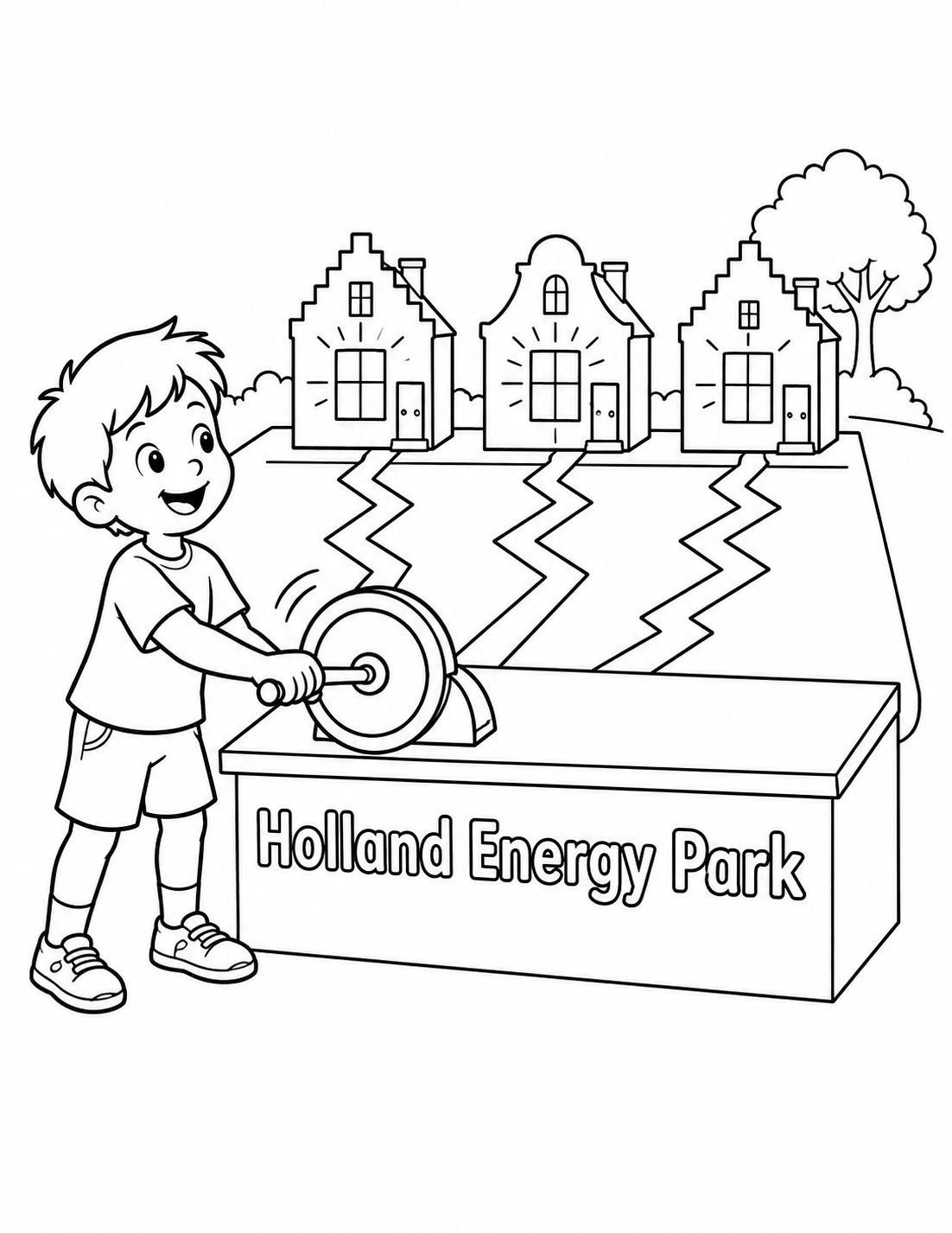 At an imagined visitor-center display, a child turns one large hand crank and a miniature row of three Holland houses lights up through an easy-to-follow energy path.