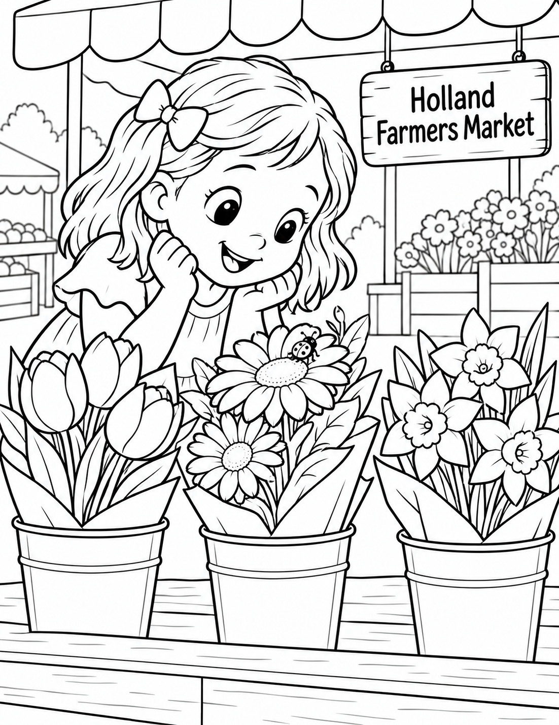 At a flower stall, a child notices a small ladybug resting on one broad bloom in a neat display of three bouquets.