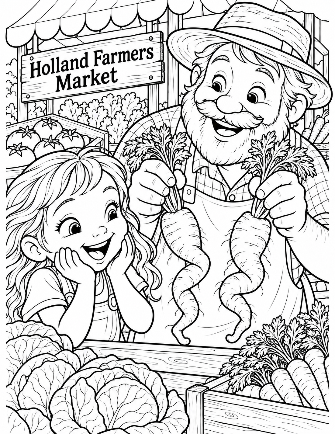 At a market stall, one child and a vendor compare two unusually twisty carrots whose matching bends look like dancing legs.
