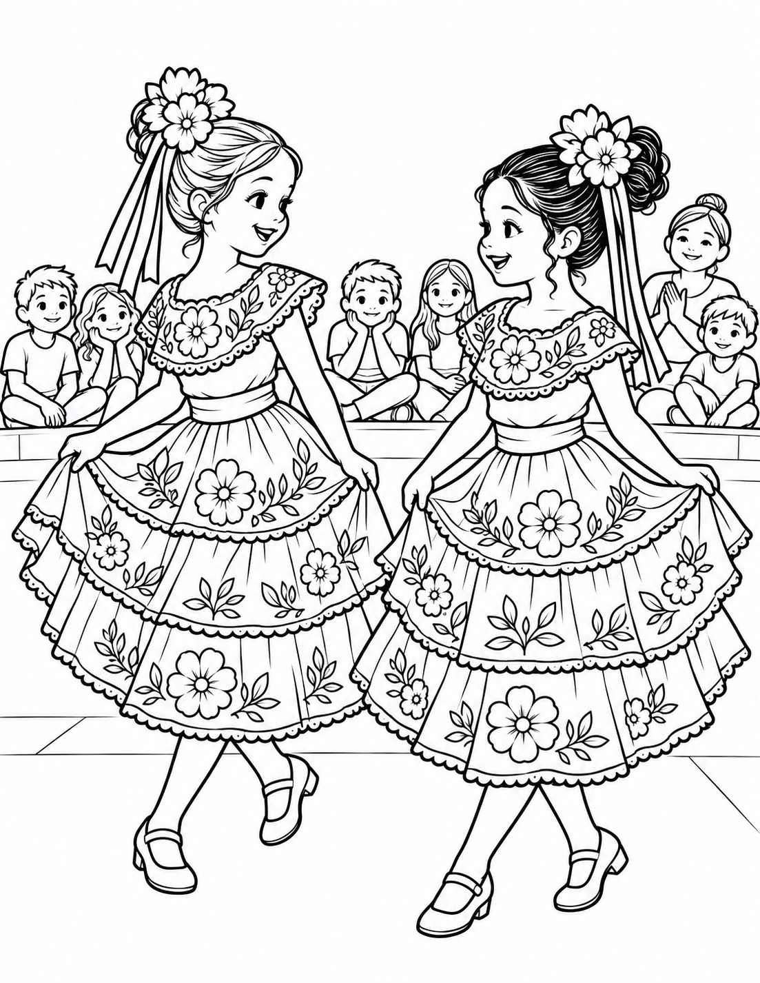 Two girls hold their floral skirts and step together as a small seated audience watches.