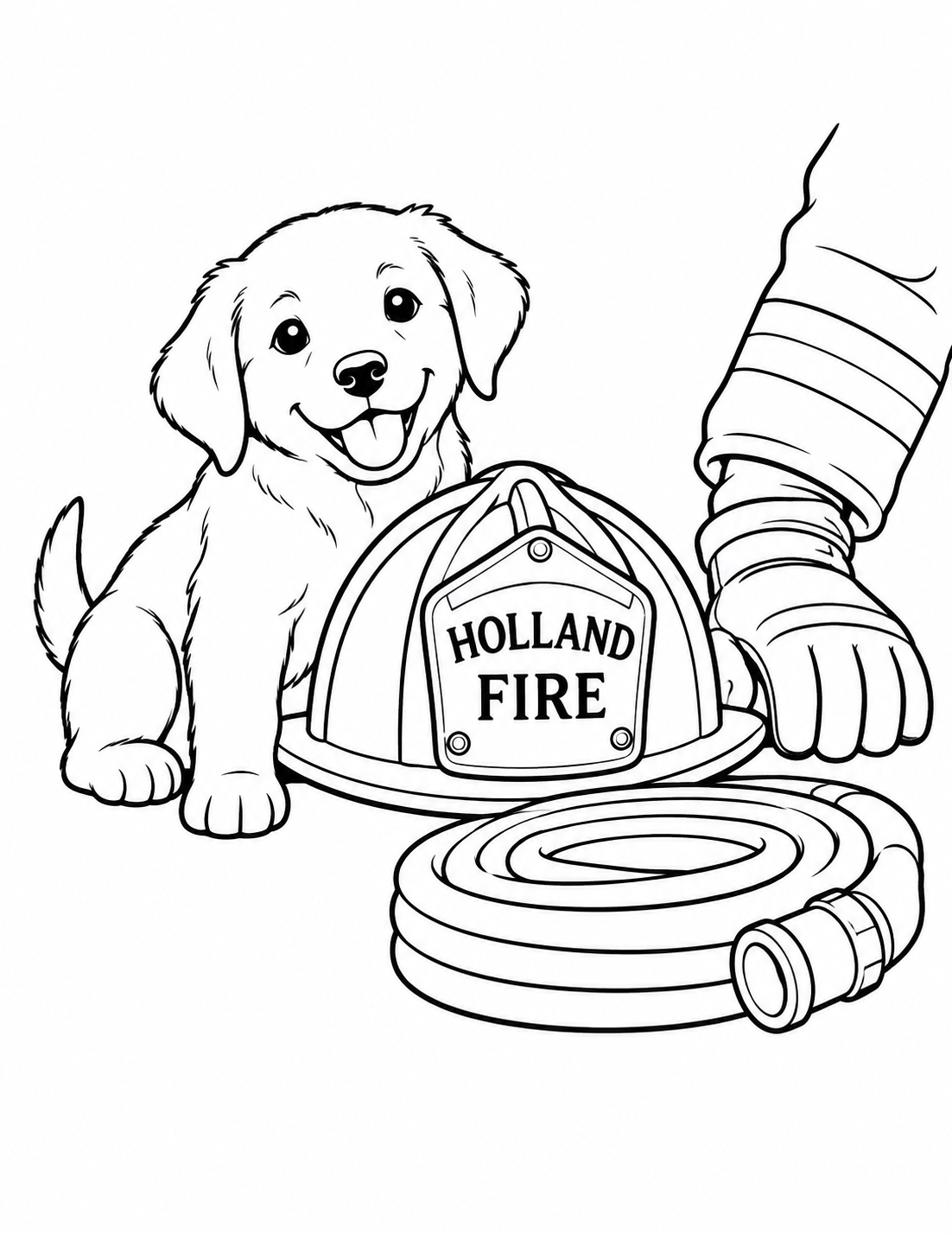 A puppy sits beside a firefighter’s helmet and coiled hose.
