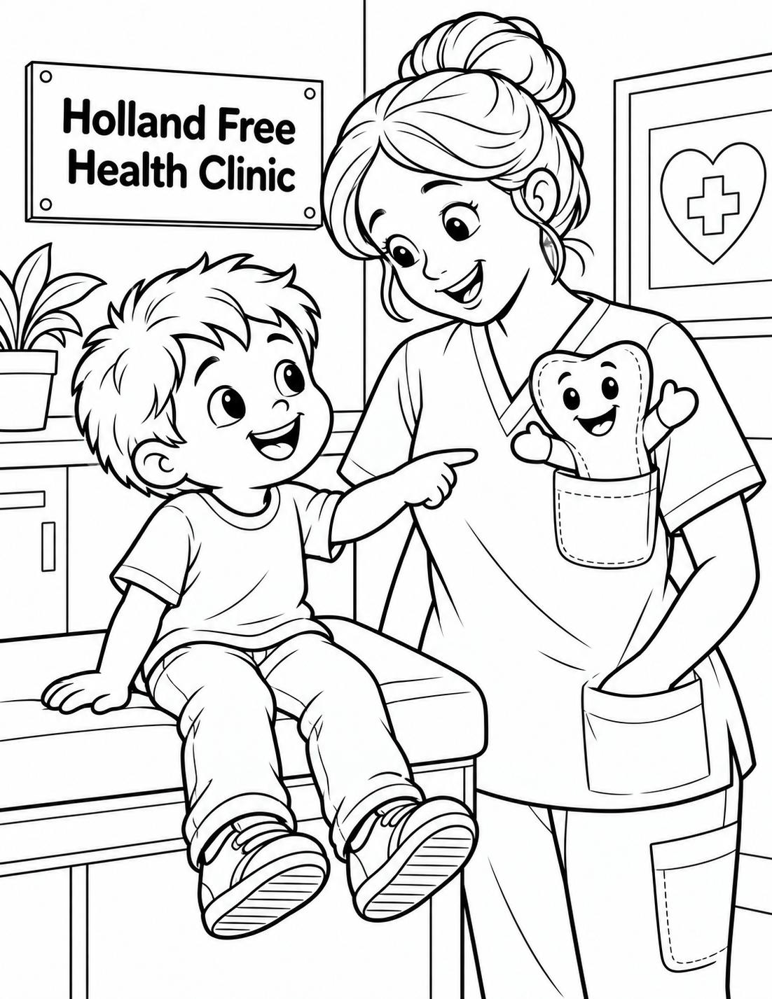 A friendly tooth-shaped hand puppet peeks from a volunteer's pocket as a child points to its broad, cheerful grin.