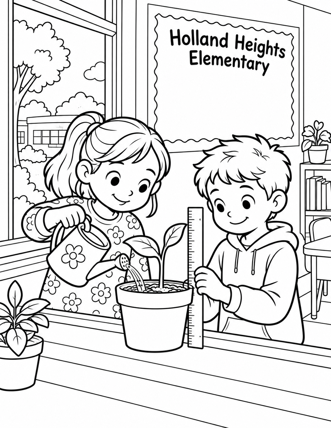Two Holland Heights Elementary students water and measure a young bean plant at a classroom windowsill.