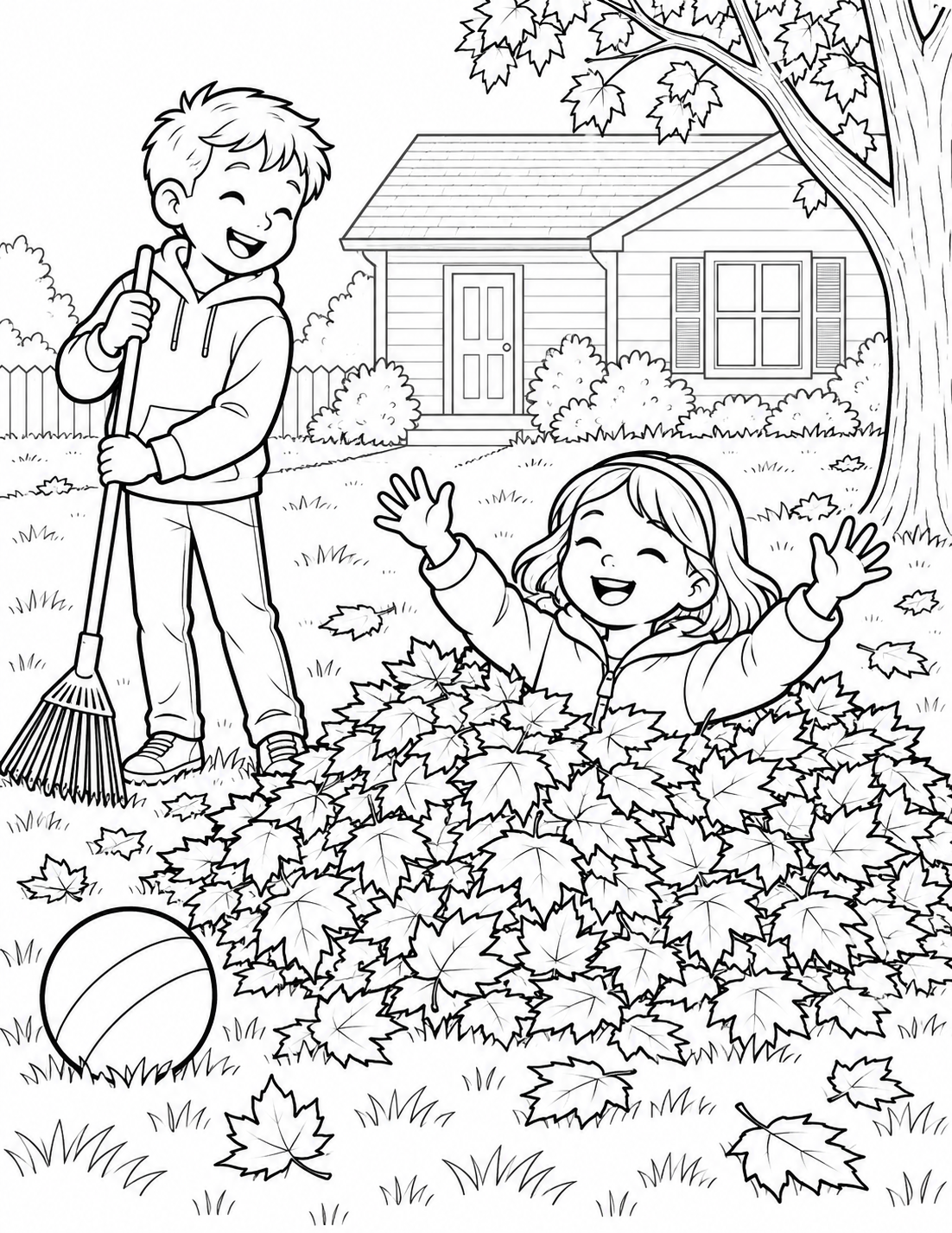 Two children laugh beside a broad autumn leaf pile, with a rake and ball in a neighborhood yard.