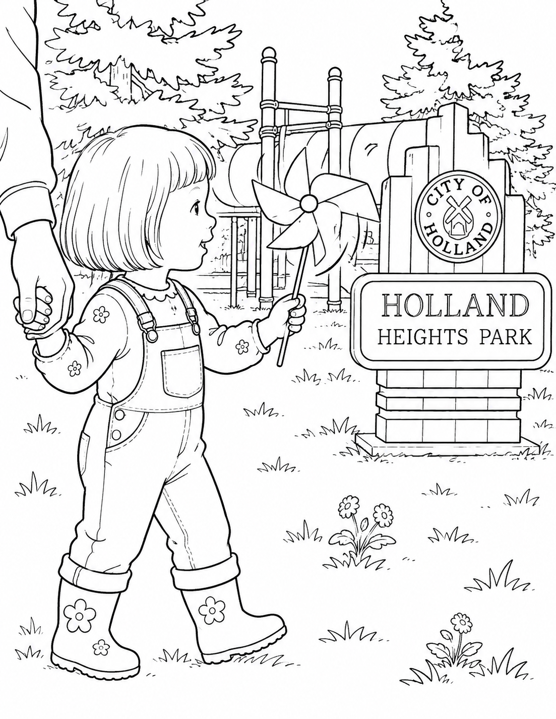 A child holds a spinning pinwheel and an adult's hand beside the Holland Heights Park sign.