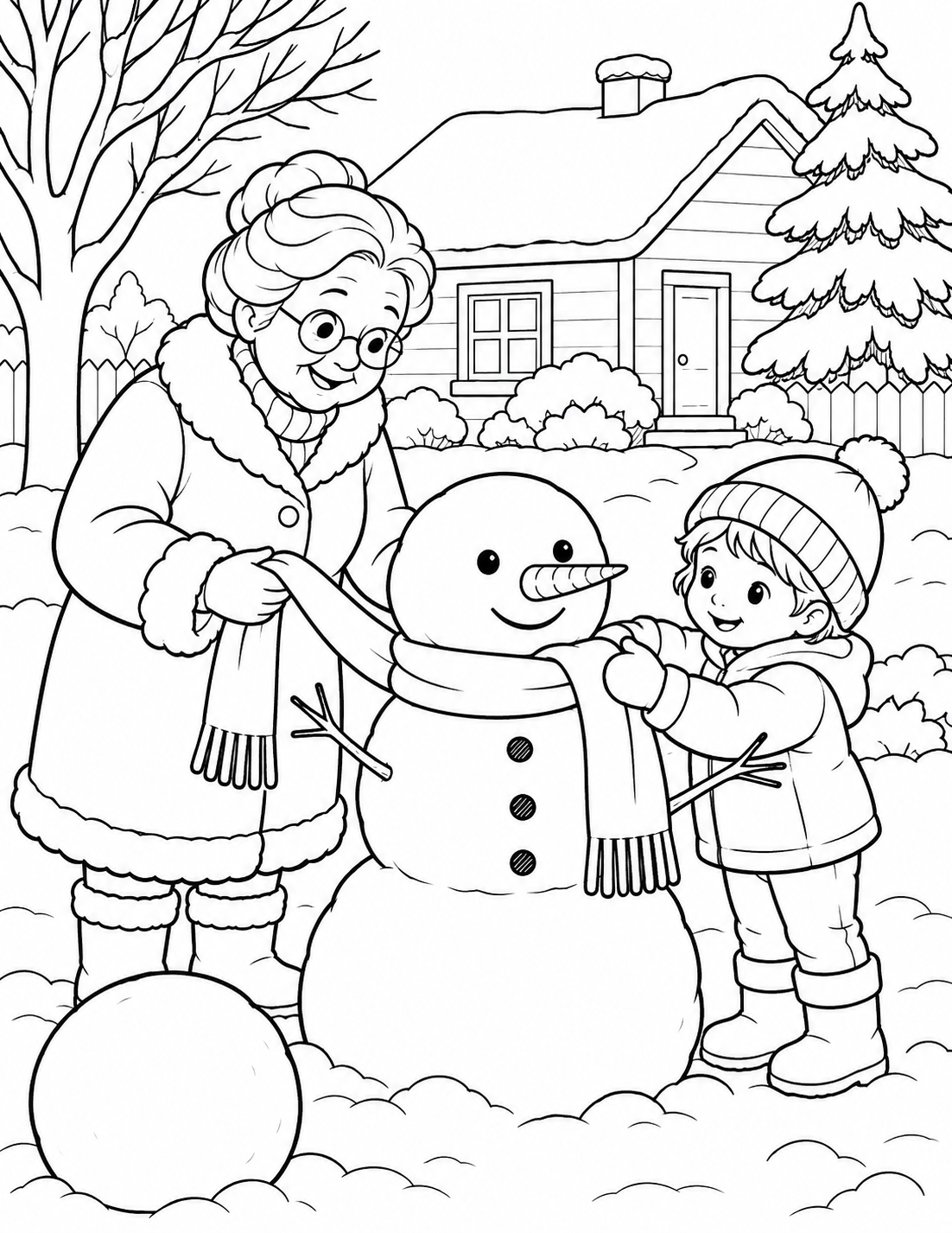 A grandmother and bundled child wrap a long scarf around a small snowman in a snowy front yard.