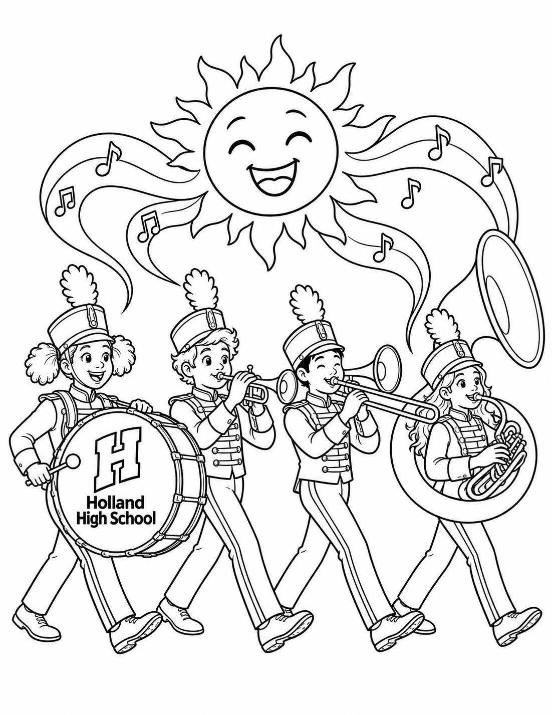 Holland High School marchers send music toward a smiling sun.