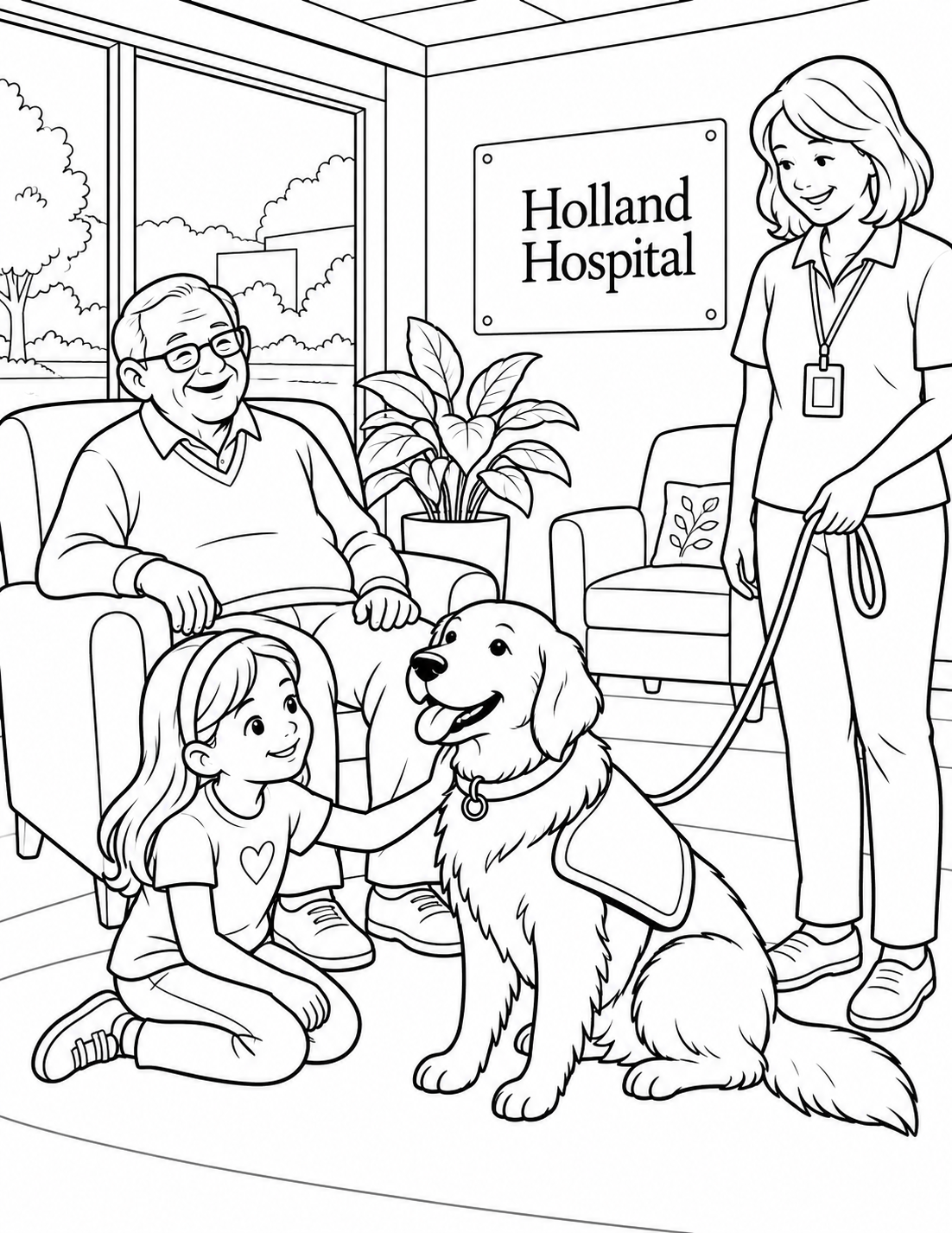 A child and older visitor meet a calm therapy dog and volunteer in a Holland Hospital lounge.