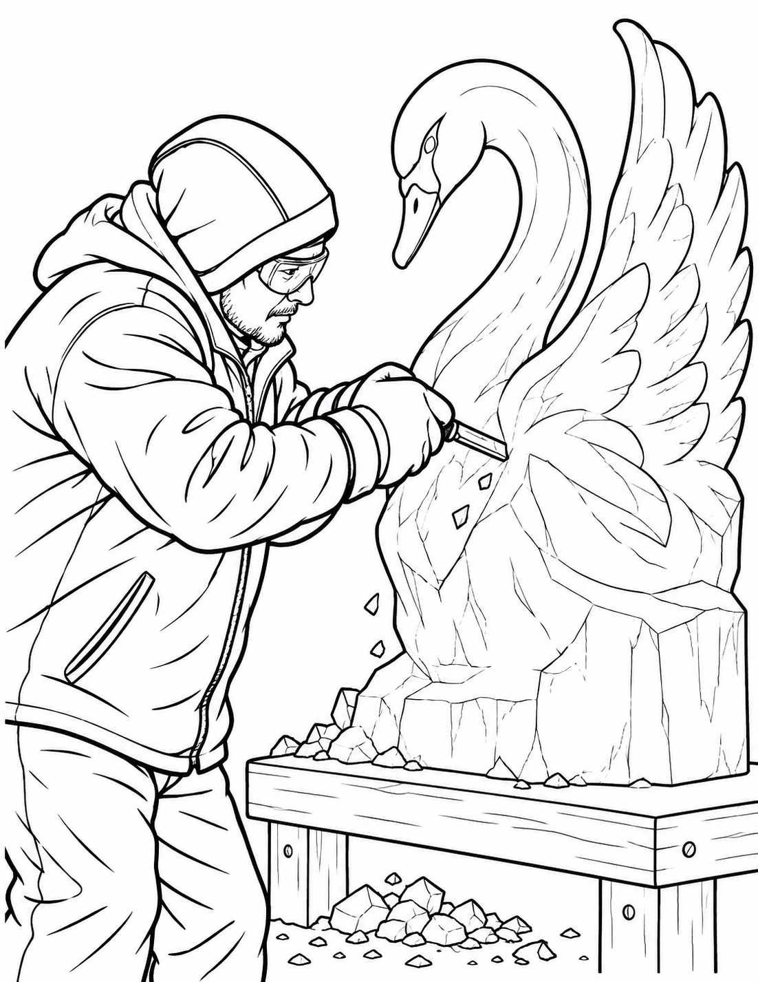 A bundled-up sculptor uses a hand chisel to shape a swan from ice.