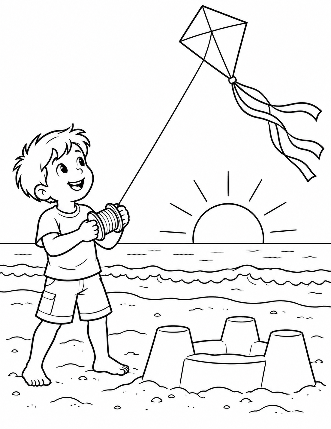 A child holds a kite reel beside a sandcastle as a ribbon-tailed kite rises over the shore.