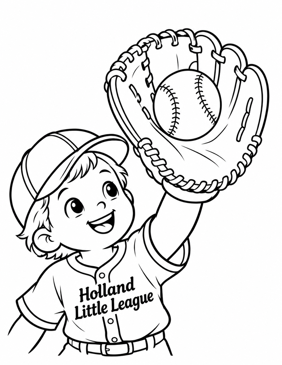A smiling Holland Little League player celebrates a clean baseball catch in a raised mitt.