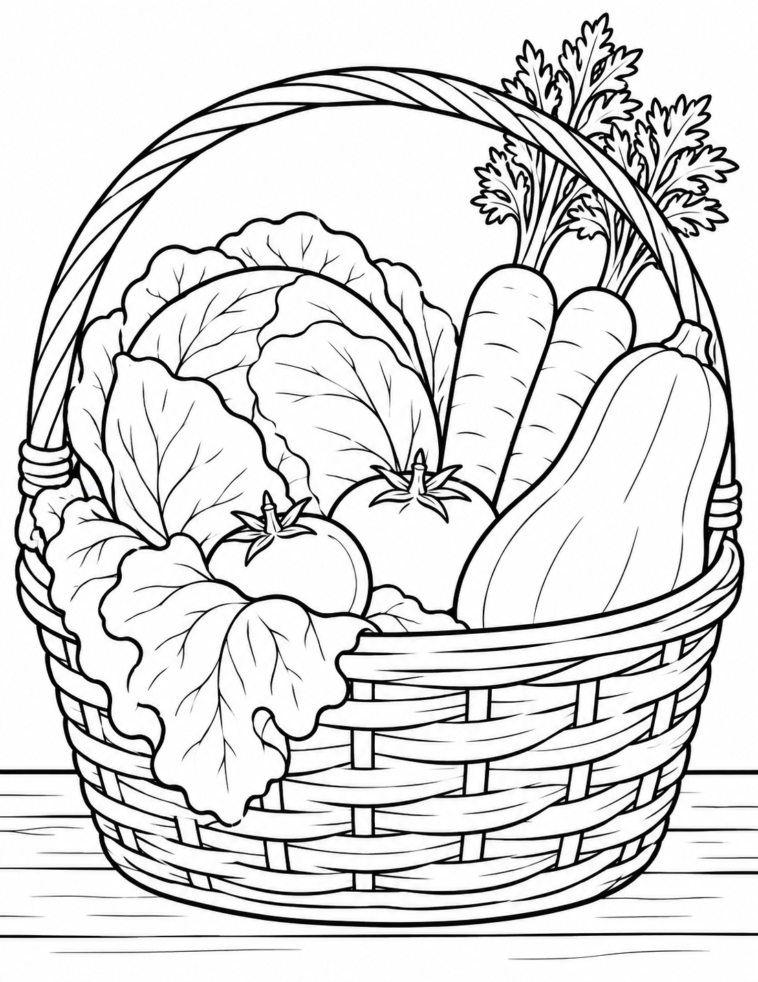 A woven basket holds cabbage, carrots, squash and tomatoes, with a leafy green draped over the rim.