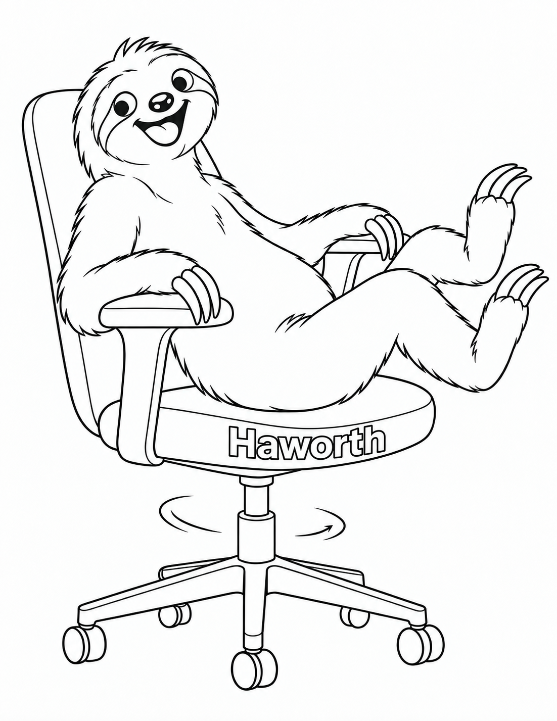 Happy sloth relaxing in swivel chair
