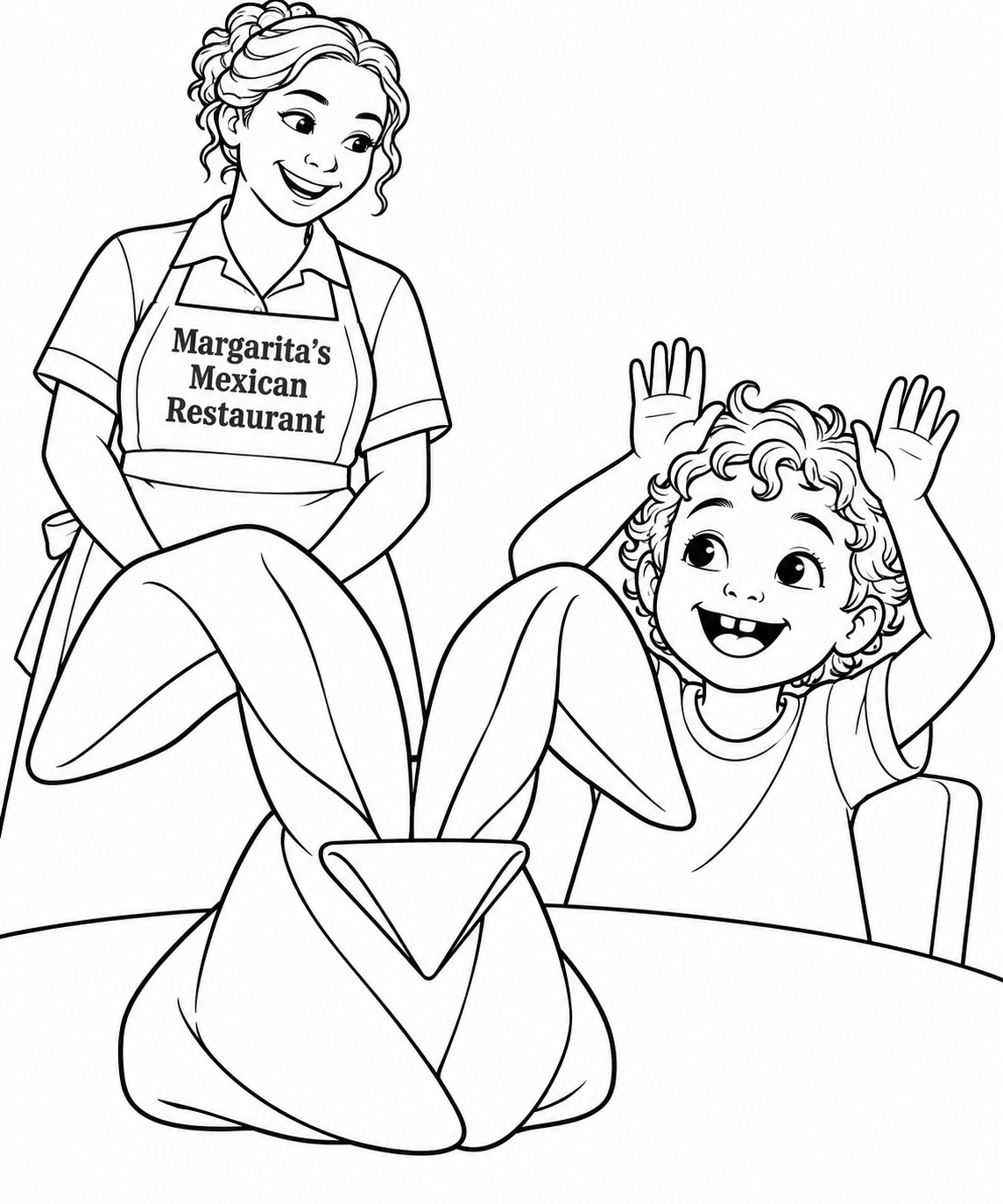 Child imitates ears of an oversized folded cloth rabbit at a restaurant
