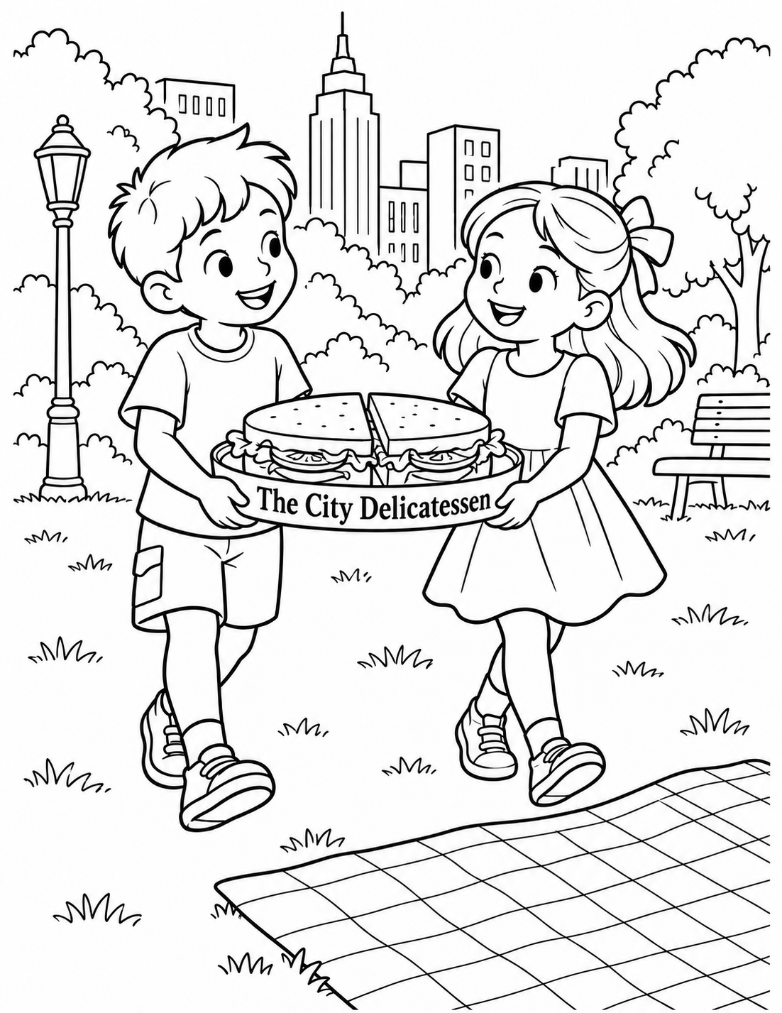 Two smiling children carry a sandwich platter toward a picnic blanket.