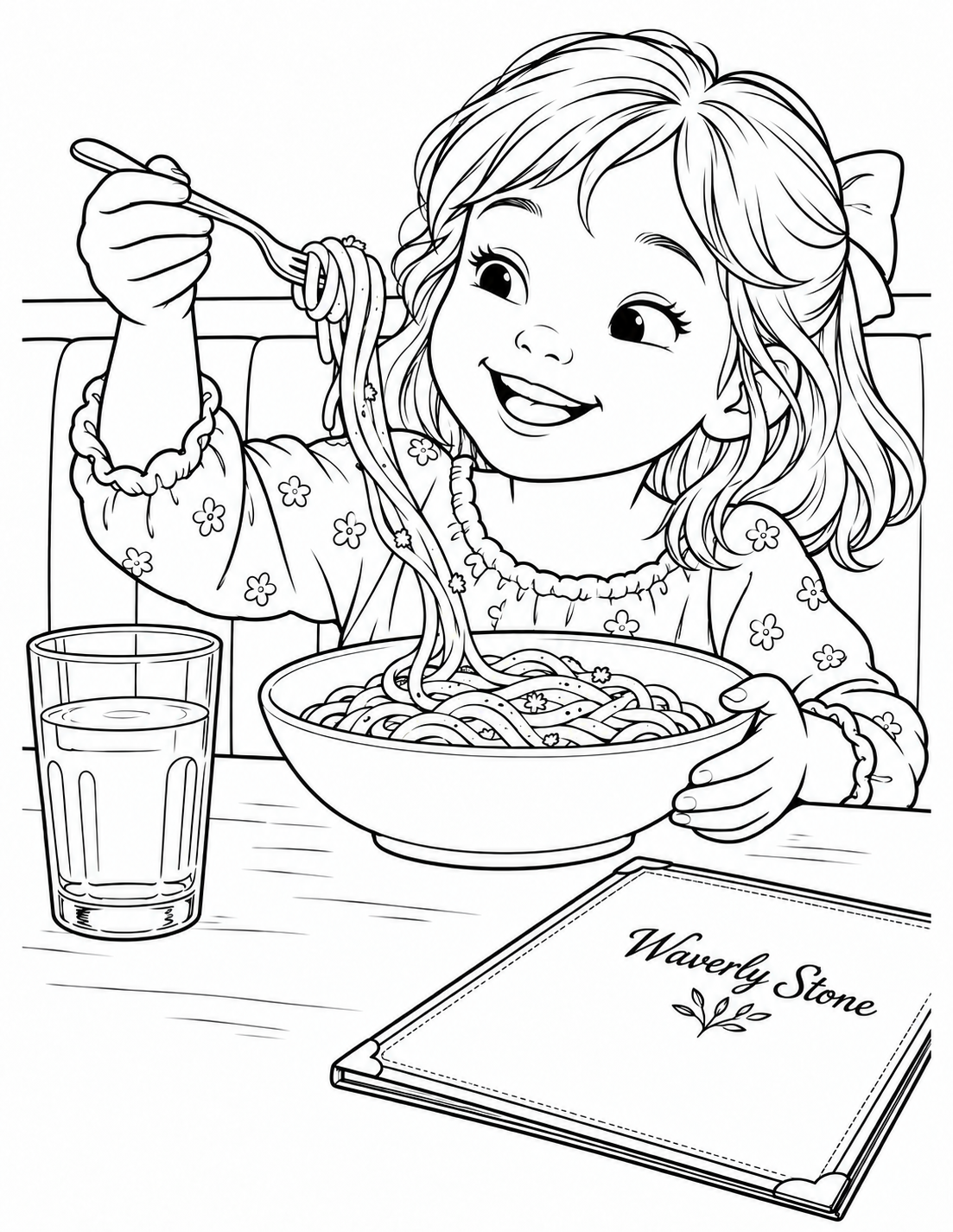 The long dangling noodle arc and delighted face are the attraction.