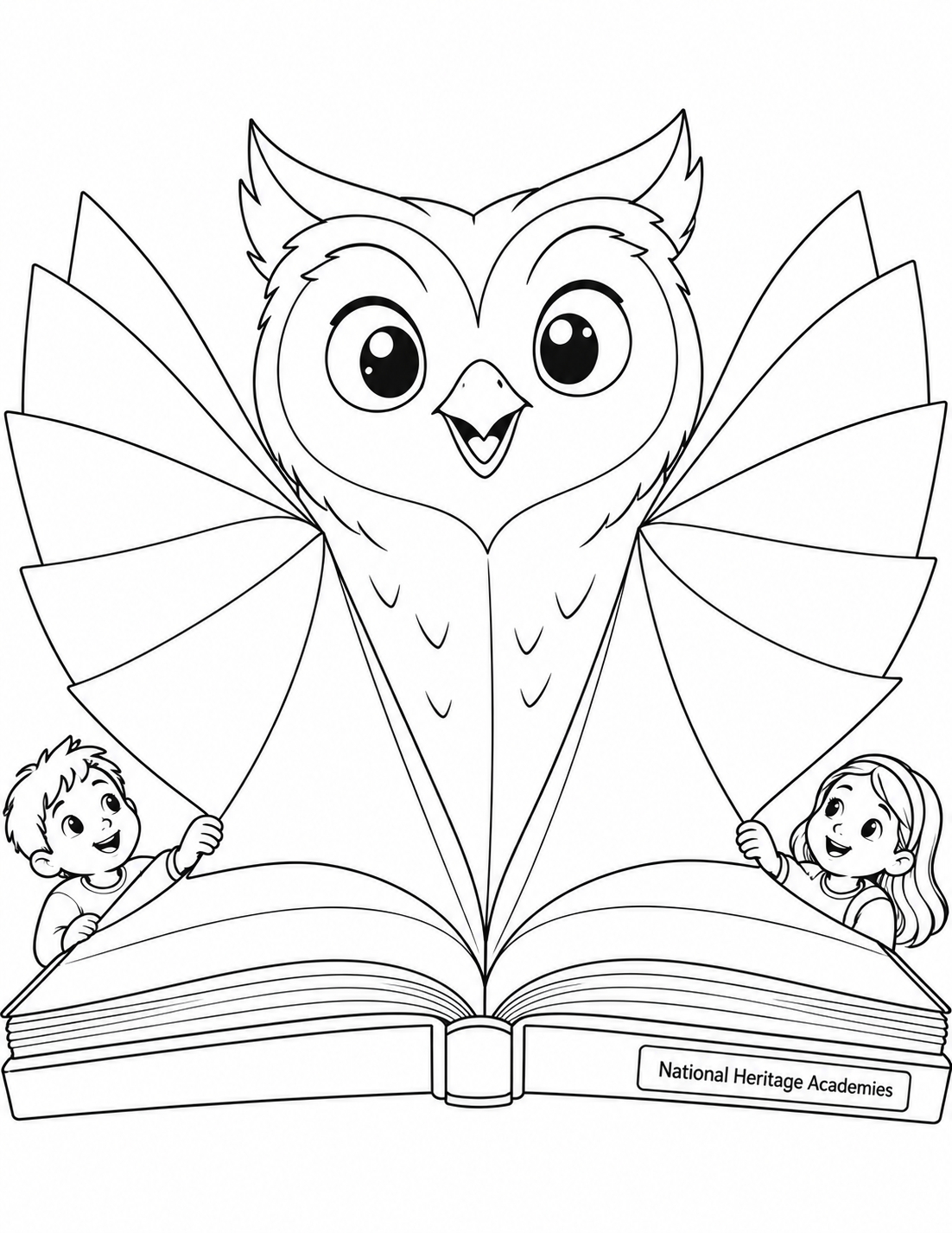 A large open book lies flat like a stage, but one enormous friendly folded-paper owl rises from the center crease and fills most of the page. Its broad paper wings open directly from the pages and its expressive face looks toward the reader. Two small children appear only at the lower page edges, hands visibly connected to the flaps; they are secondary scale cues. No campus, classroom, school mascot or NHA-specific program.