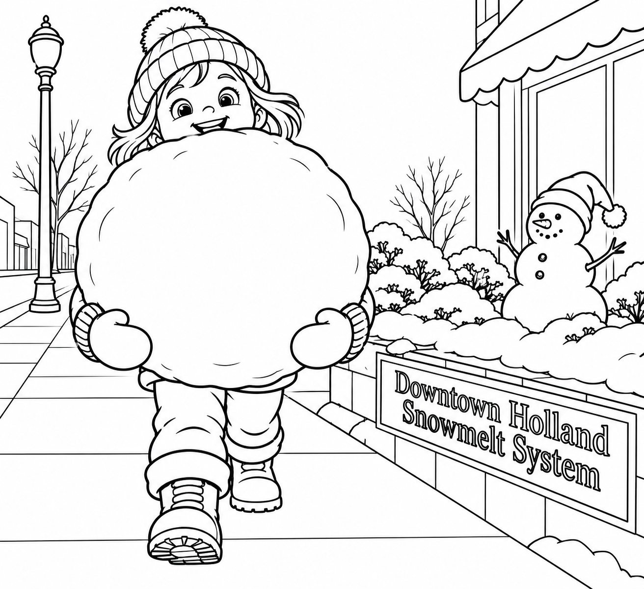 Child carries huge snowball along a clear downtown path