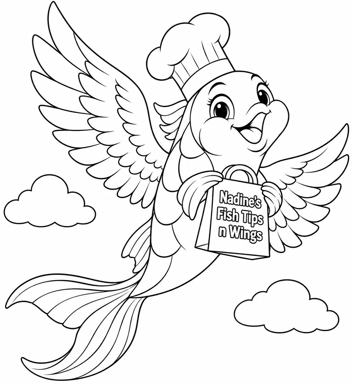 A fantasy winged fish carries a closed takeaway bag