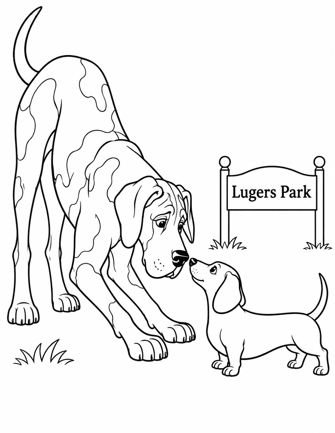 A very tall Great Dane lowers its long neck and bends its front legs into a playful bow to greet a tiny dachshund, whose lifted nose nearly touches the big dog’s broad nose.