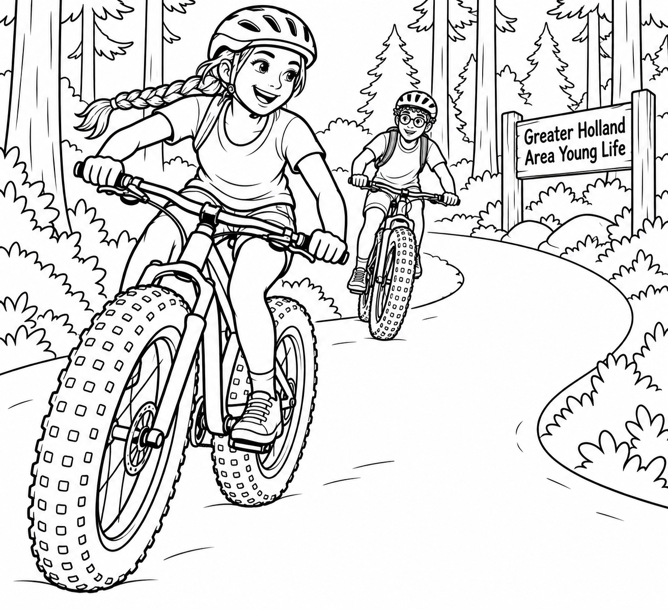 Two visibly different teens ride fat-tire bikes along a curved woodland camp trail.