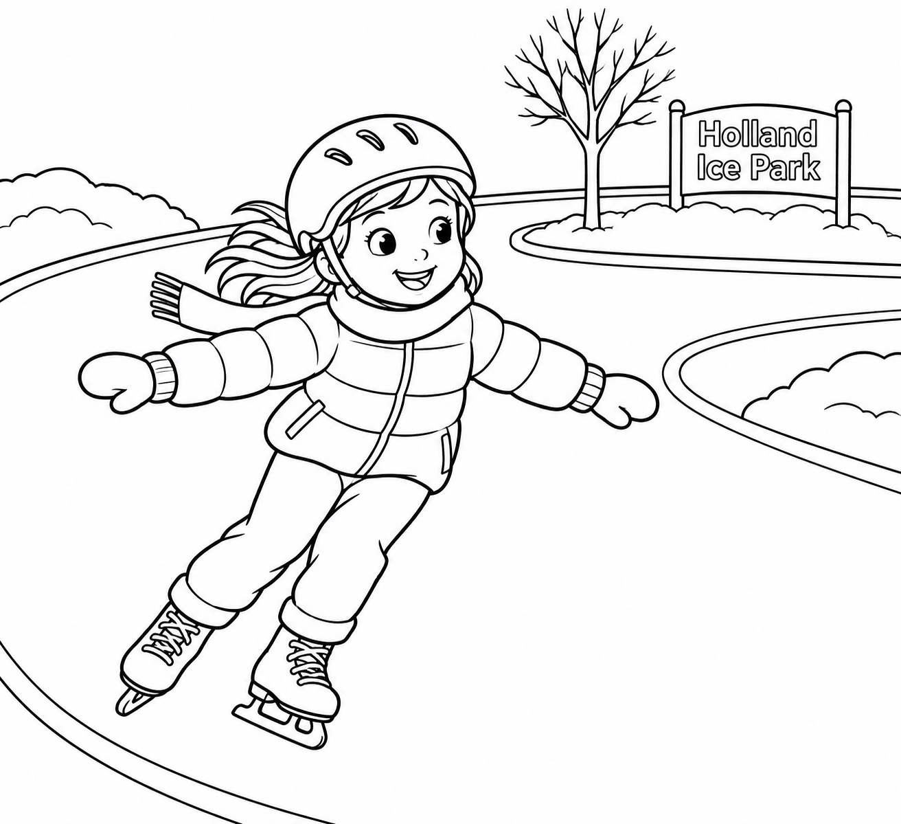 Child sweeps around the outdoor skating ribbon