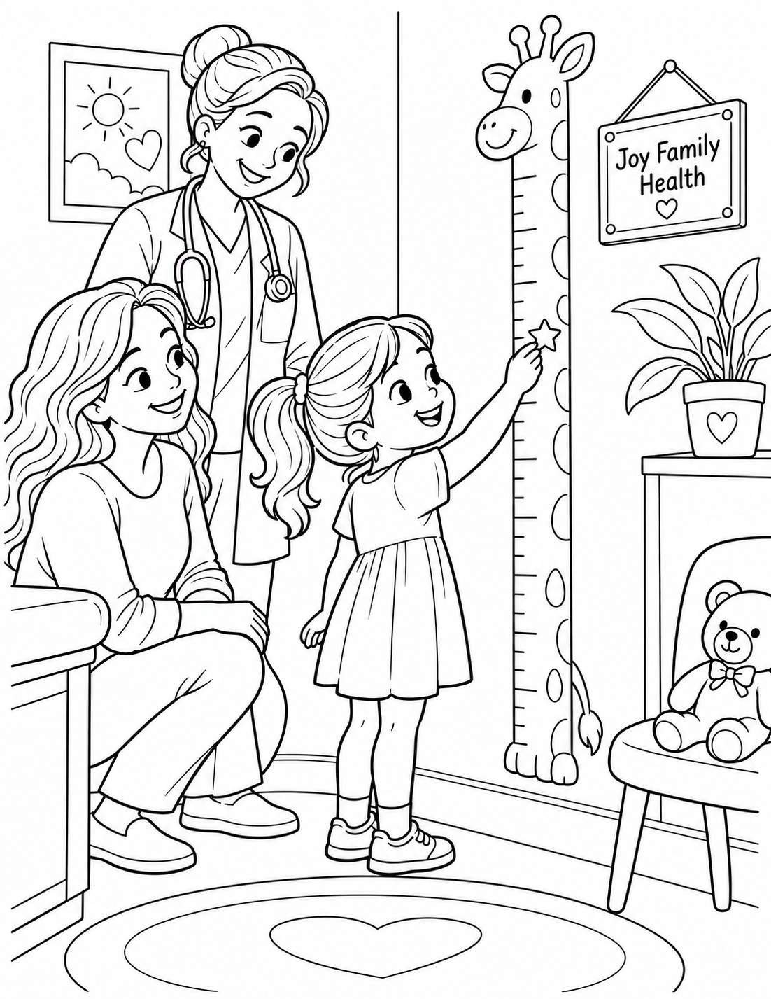 Child marks her growth on a giraffe height chart during a family visit