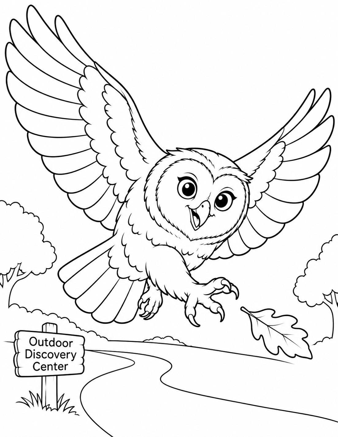 A friendly fictionalized owl from the ODC Birds of Prey Center swoops low above a curving nature trail, turns toward the reader, and reaches for a windblown leaf held just ahead of its talons.