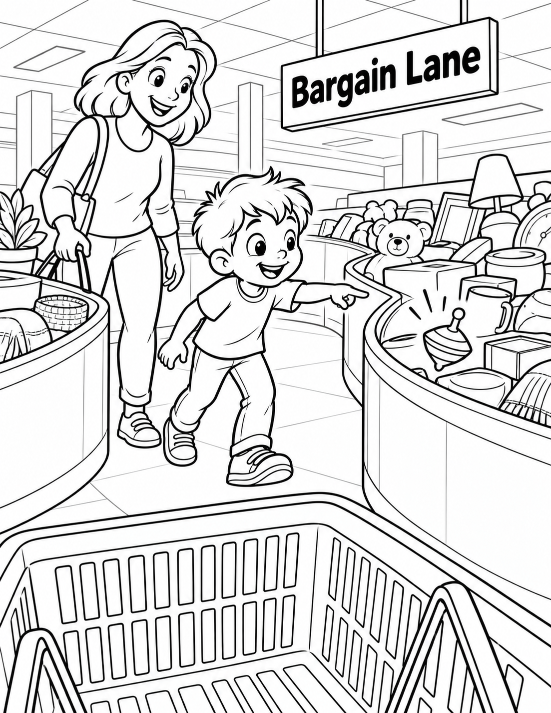A child and parent follow a sweeping aisle between low open bargain bins; the child discovers one simple unbranded item, and the curving aisle itself becomes the visual treasure trail.