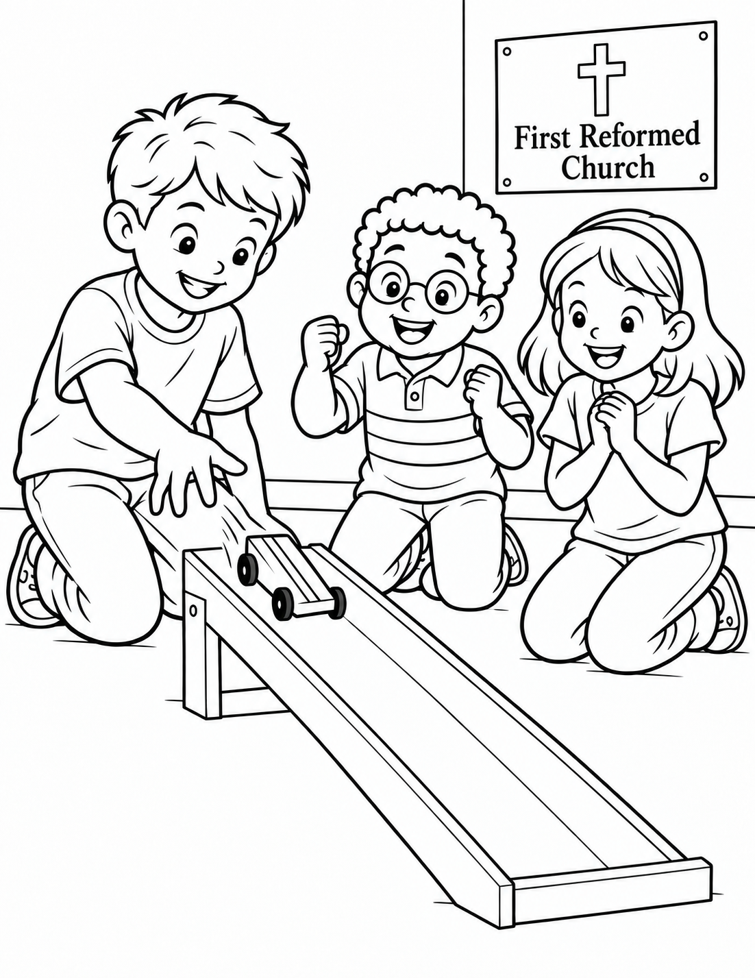 Three children joyfully race a toy car down a ramp.