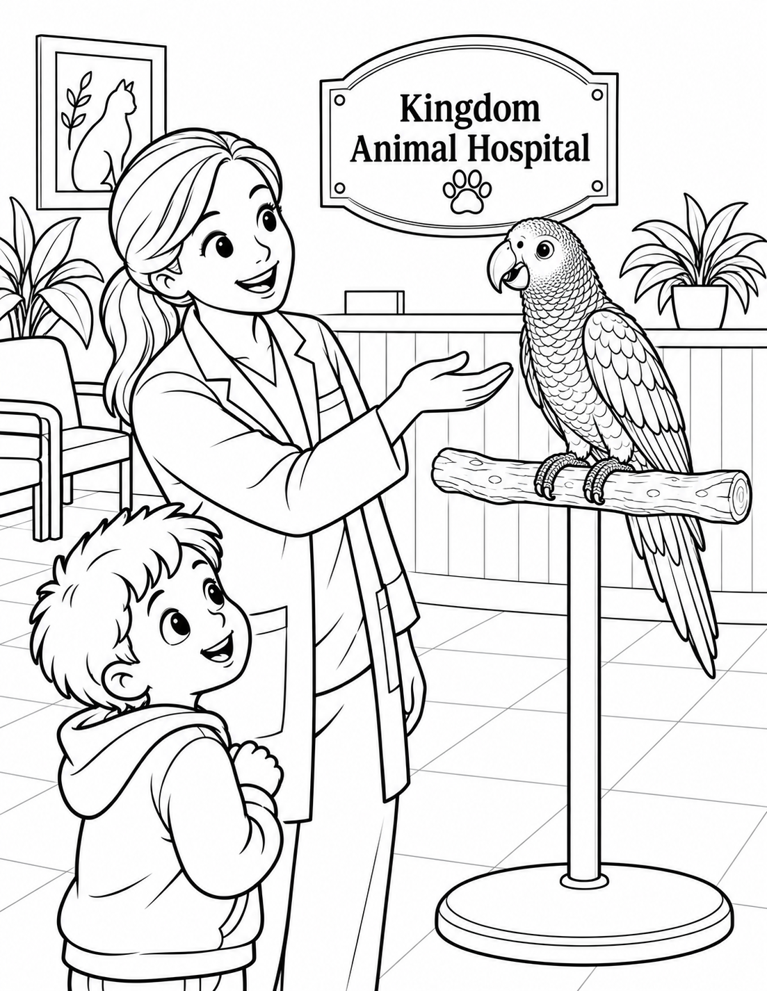 A bright-eyed pet parrot sits on a branch perch while a veterinarian and a young boy look at it with delight in an animal hospital.